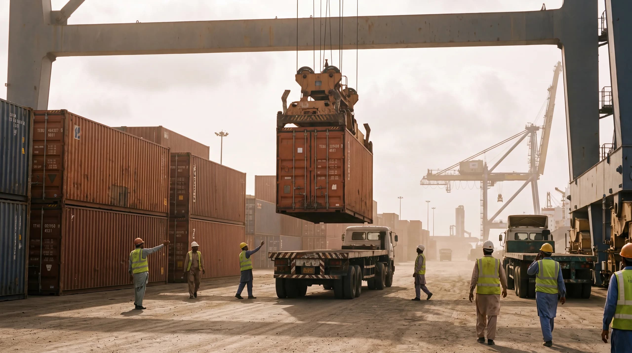 Bulk cargo being discharged at a Pakistani port facility