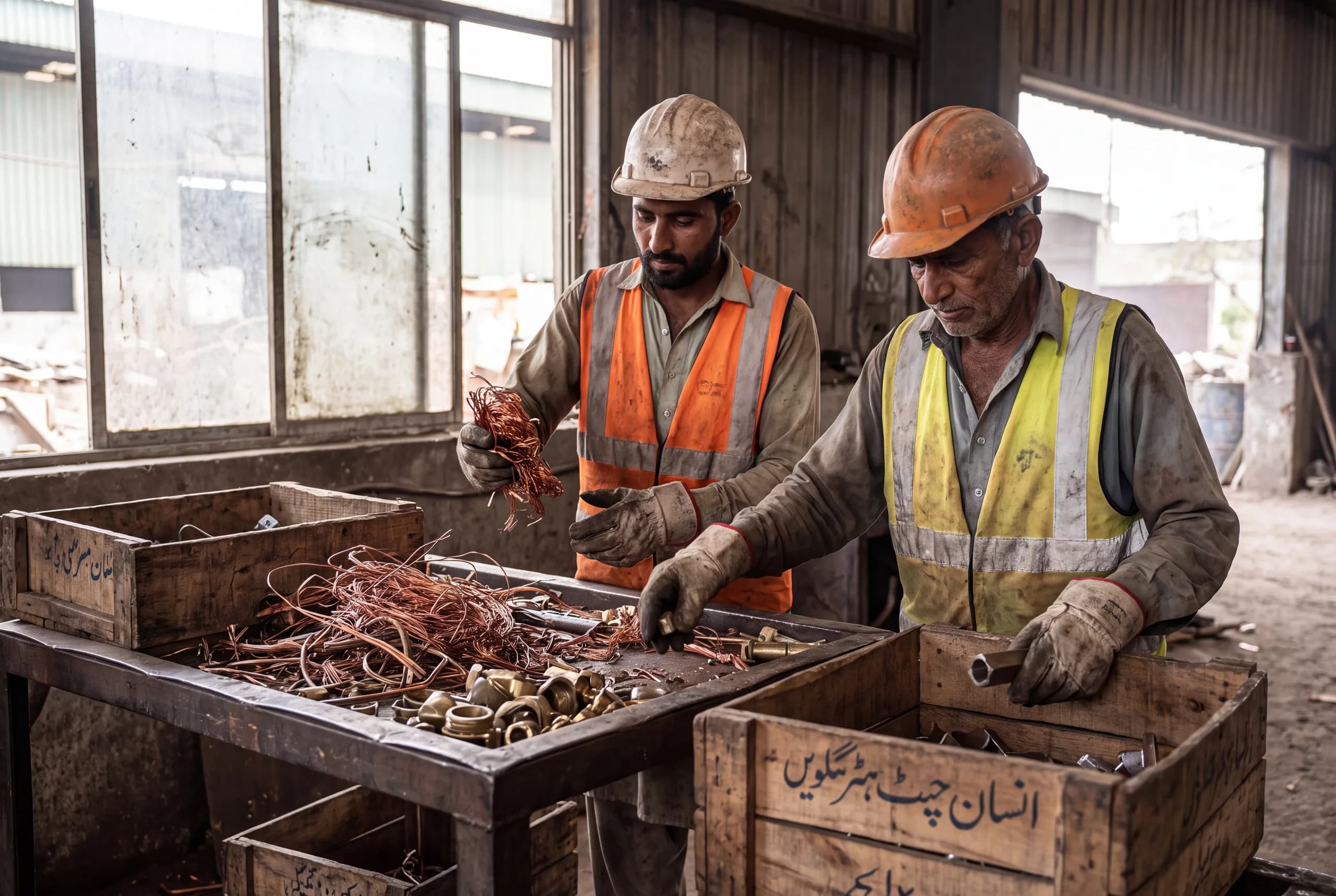Two workers hand-sorting copper and brass fragments at a sorting table under warehouse lighting