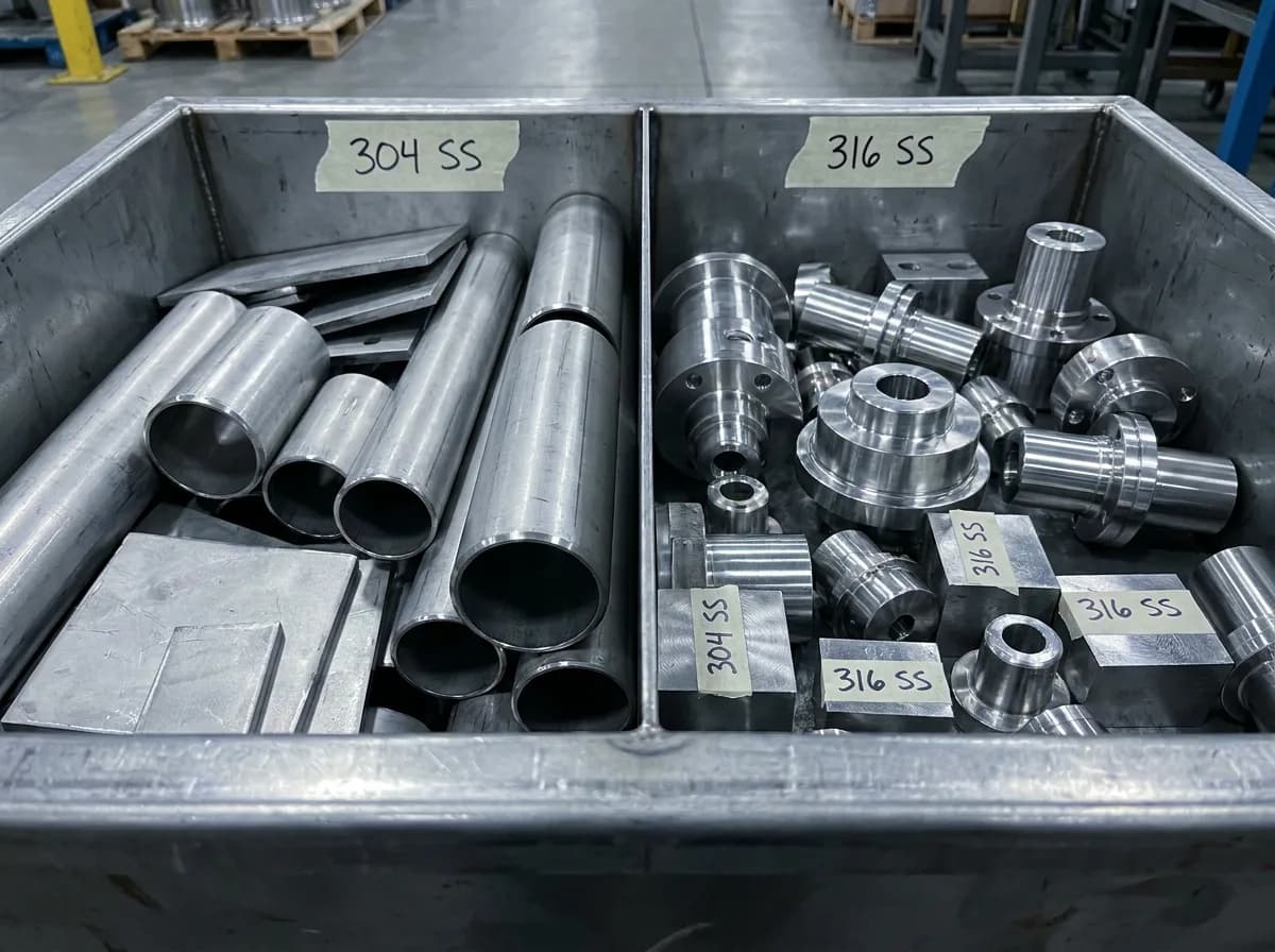 Sorted 304 and 316 stainless-steel solid offcuts and CNC machine turnings separated by grade in a processing facility
