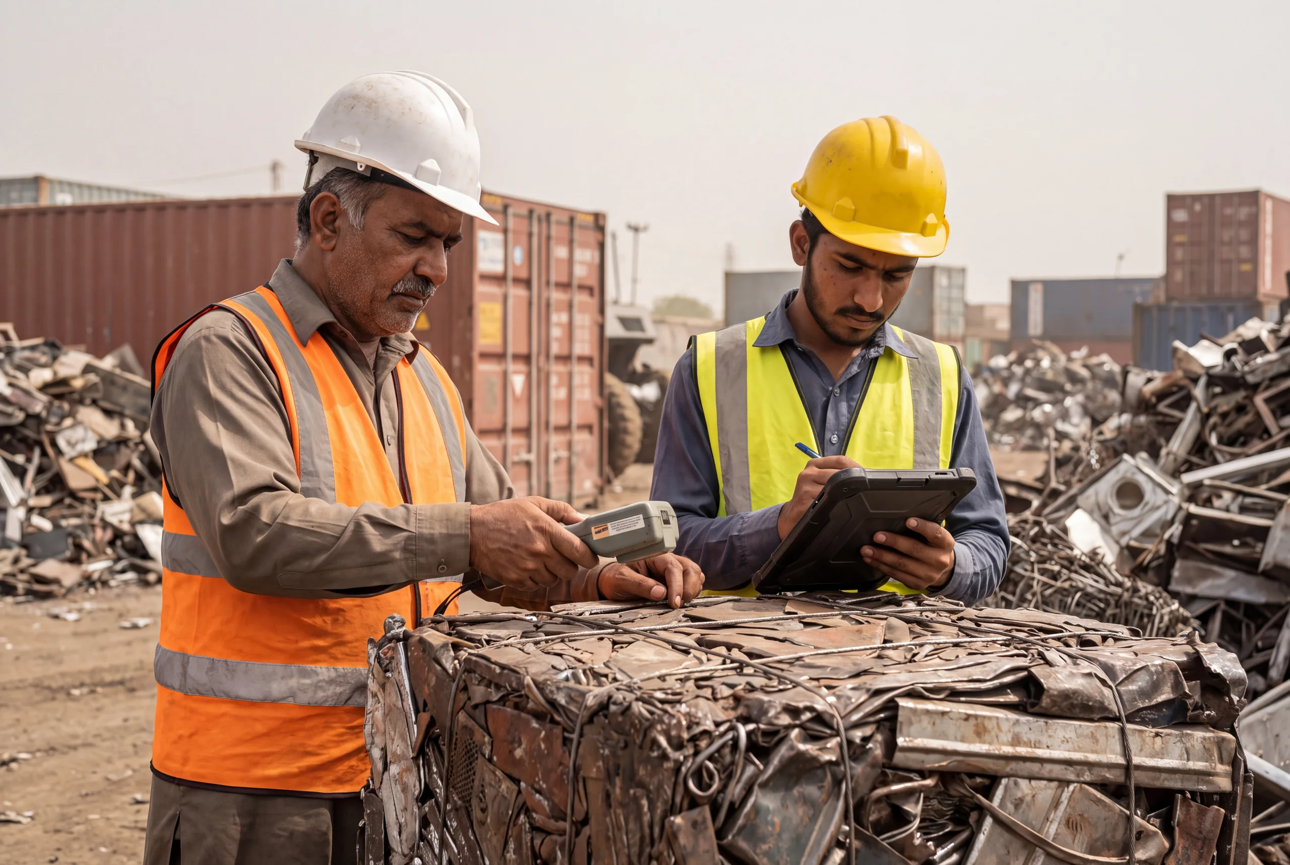 A cargo surveyor using a handheld radiometric detector over baled ferrous scrap material during pre-shipment inspection