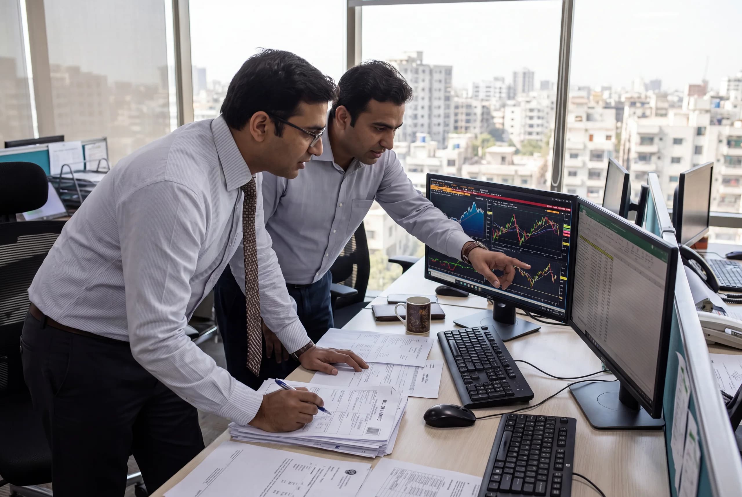 Two commodity traders reviewing shipping documents at a desk with computer monitors displaying market data