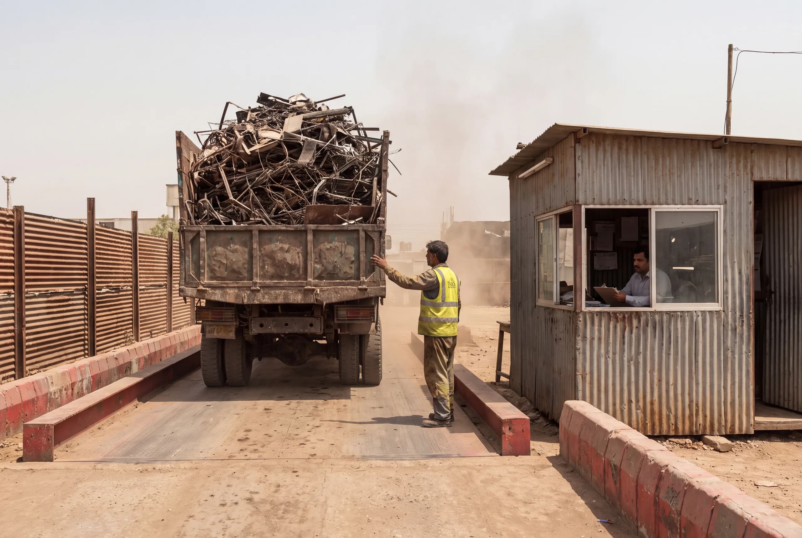 A loaded truck on a weighbridge at a metal recycling facility — weight verification is a standard pre-shipment step, facility not operated by Bergent