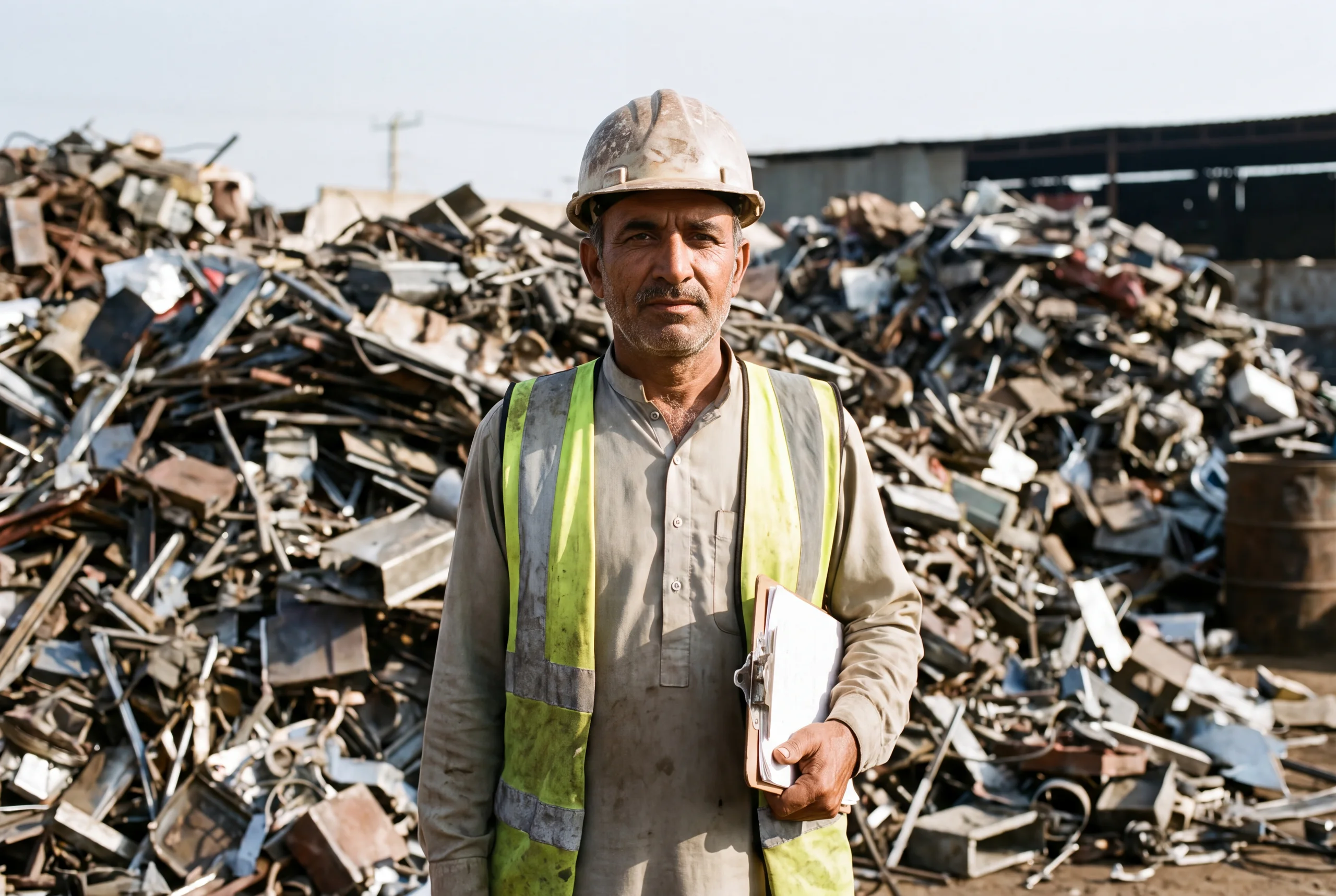 Yard supervisor with clipboard walking between segregated scrap bays