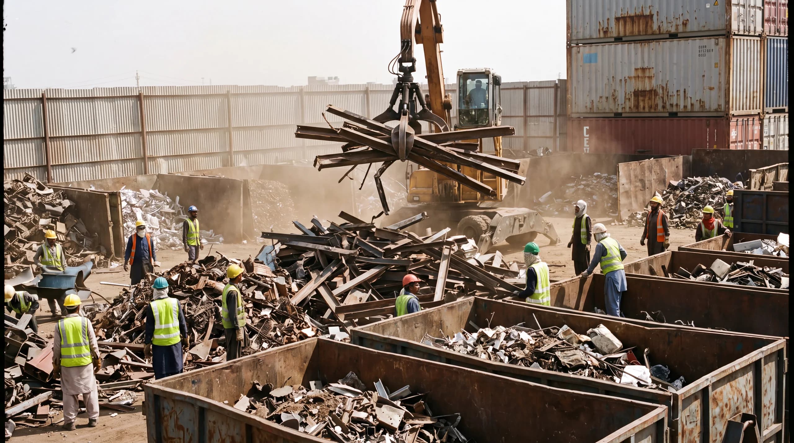 Wide view of a scrap sorting yard with a grab crane moving material and workers grading in the foreground