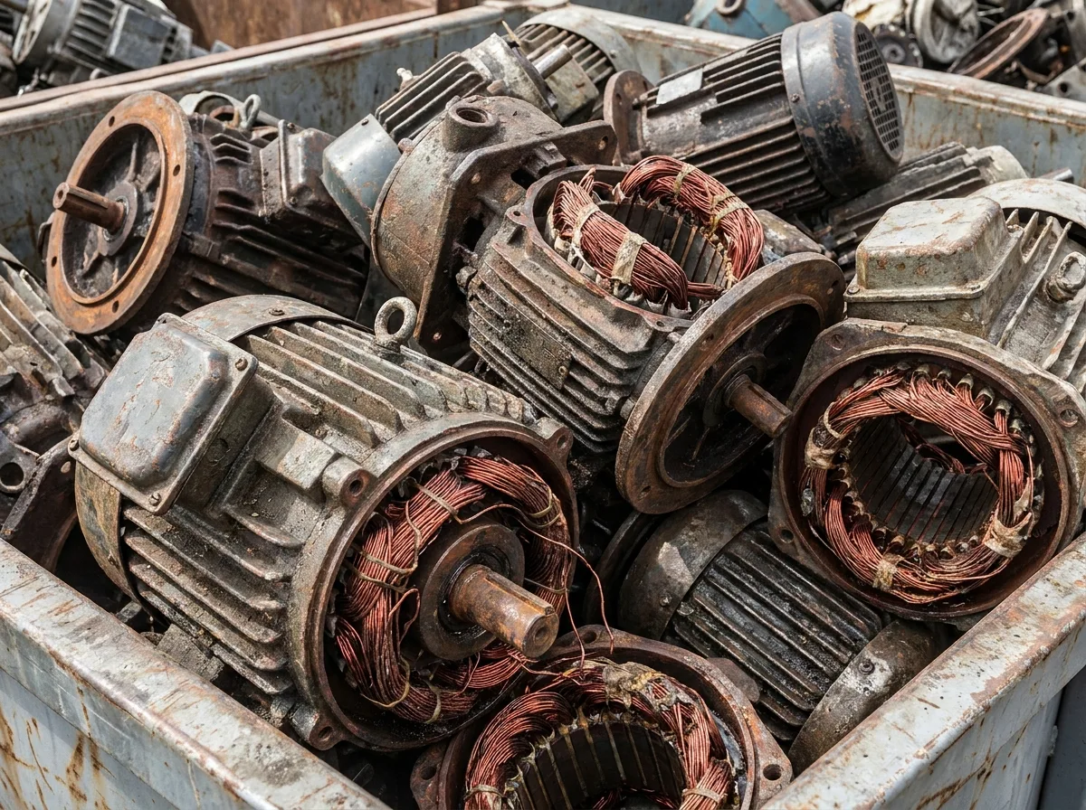 Dismantled electric-motor housings and exposed copper-wound stators grouped as scrap