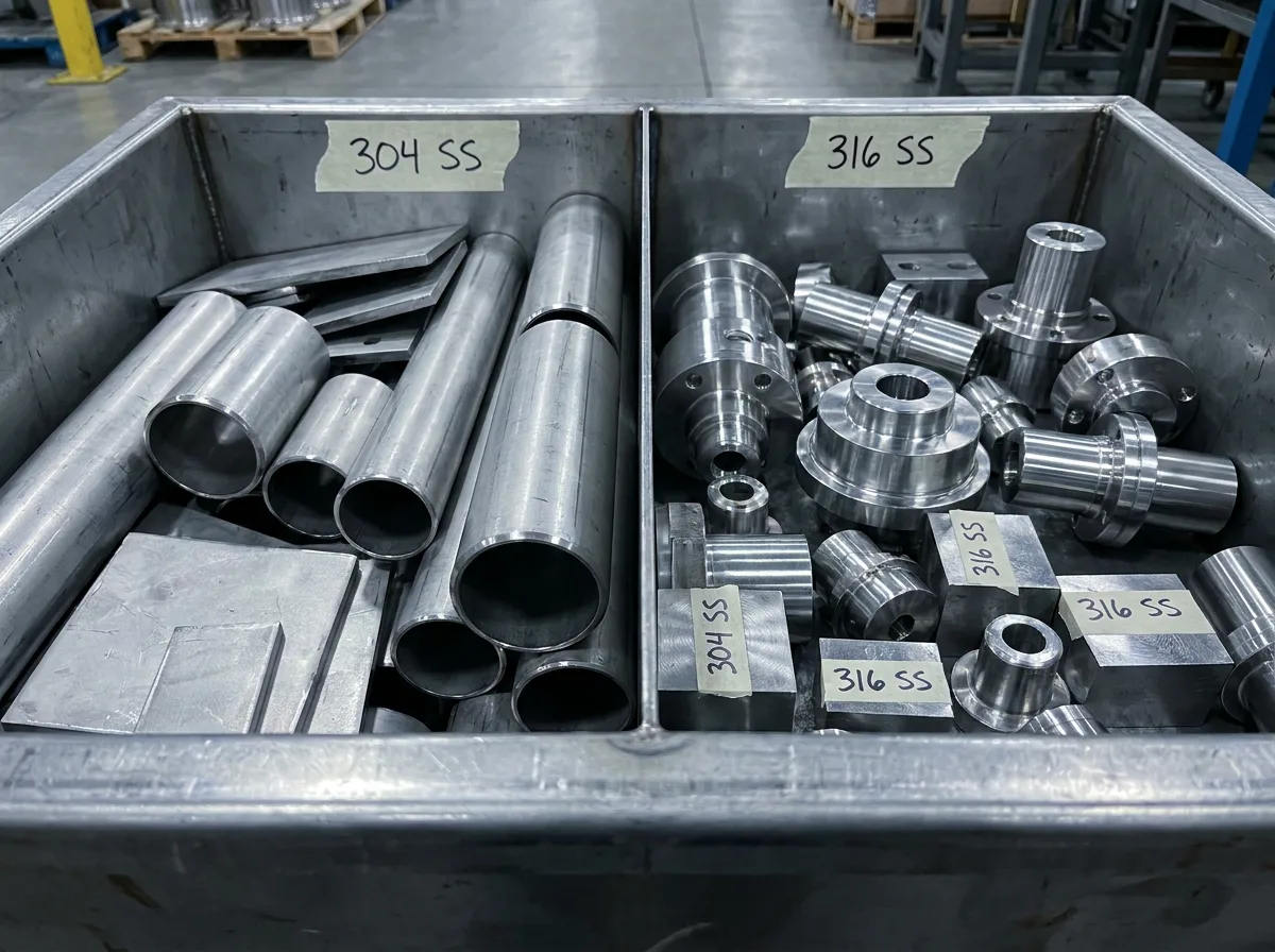 Stainless tubes and machined solids separated into bins marked 304 and 316